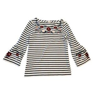 J.Crew Floral Embroidered Striped 3/4 Bell Sleeve Top Blouse Cotton Size Small